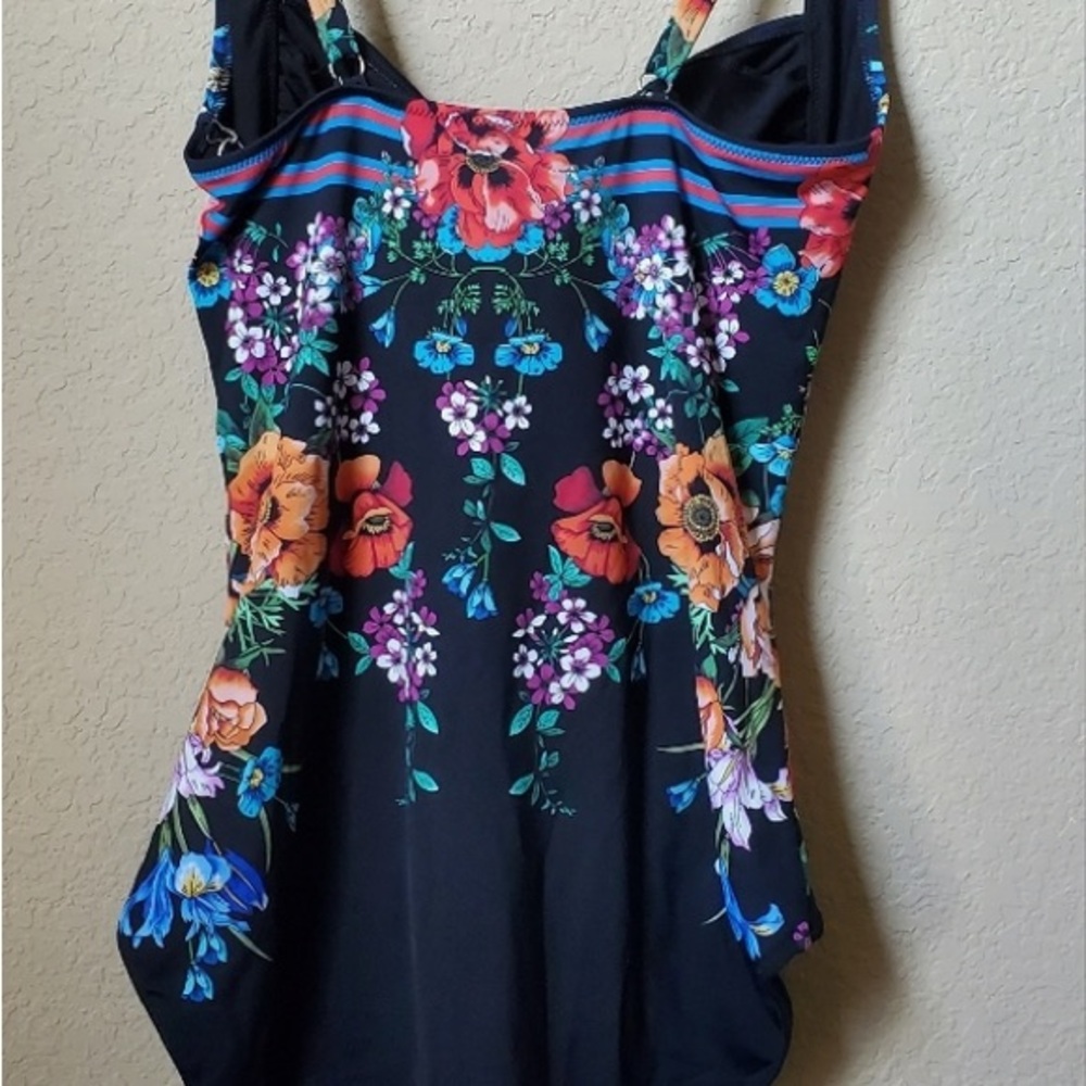 Johnny Was Black and Blue One Piece Swimsuit with Floral Design - Picture 2 of 7